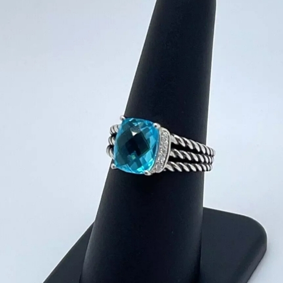 David Yurman Petite Wheaton Ring with Blue Topaz and Diamonds - Picture 3 of 4